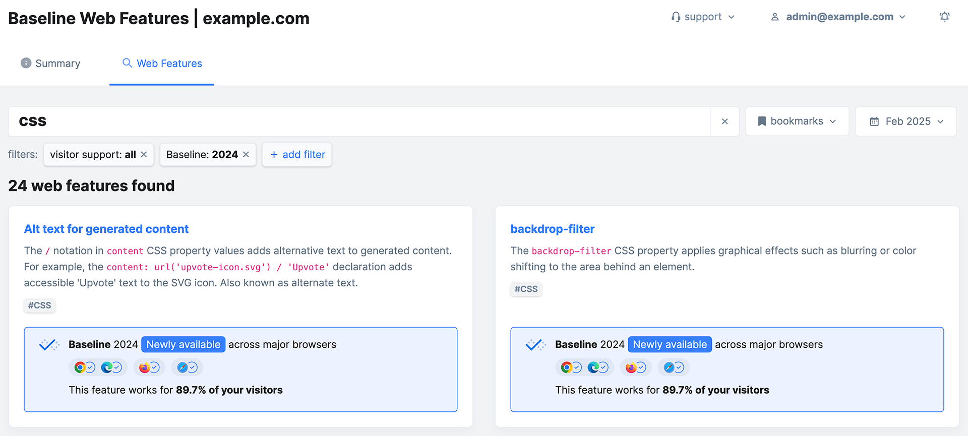 RUMvision's Baseline implementation can display support for web features in their product dashboard, which lets users search for real-world support data for discrete web features, or by Baseline feature sets.
